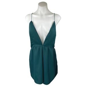 Tobi Green Silky Satin Plunge V-neck Sleeveless Cami Open Back Romper Shorts M